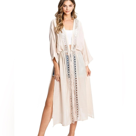 Love tree size S/M Womens Crochet Sheer Linen Cover Up Maxi Kimono - Picture 1 of 9